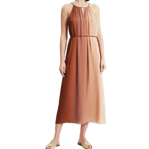 Theory Dip Dye Crepe Silk Halter Maxi Dress Women's Large Shell/Red Clay - Picture 1 of 12